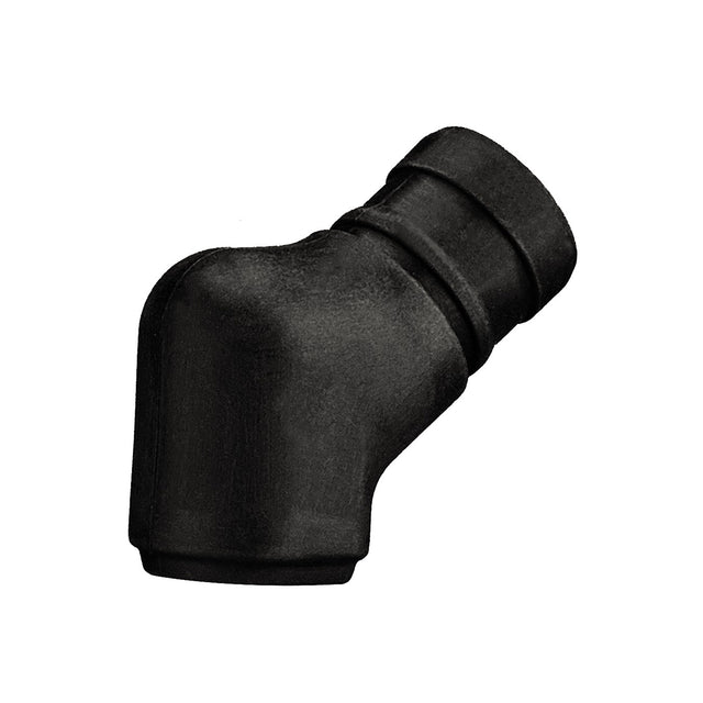 A black, rubber, L-shaped hose connector with one slightly angled end and ridges near the top, isolated on a white background. The matte, textured surface suggests it could fit as a Juicing Spout for models like the WJX80 juice extractor.