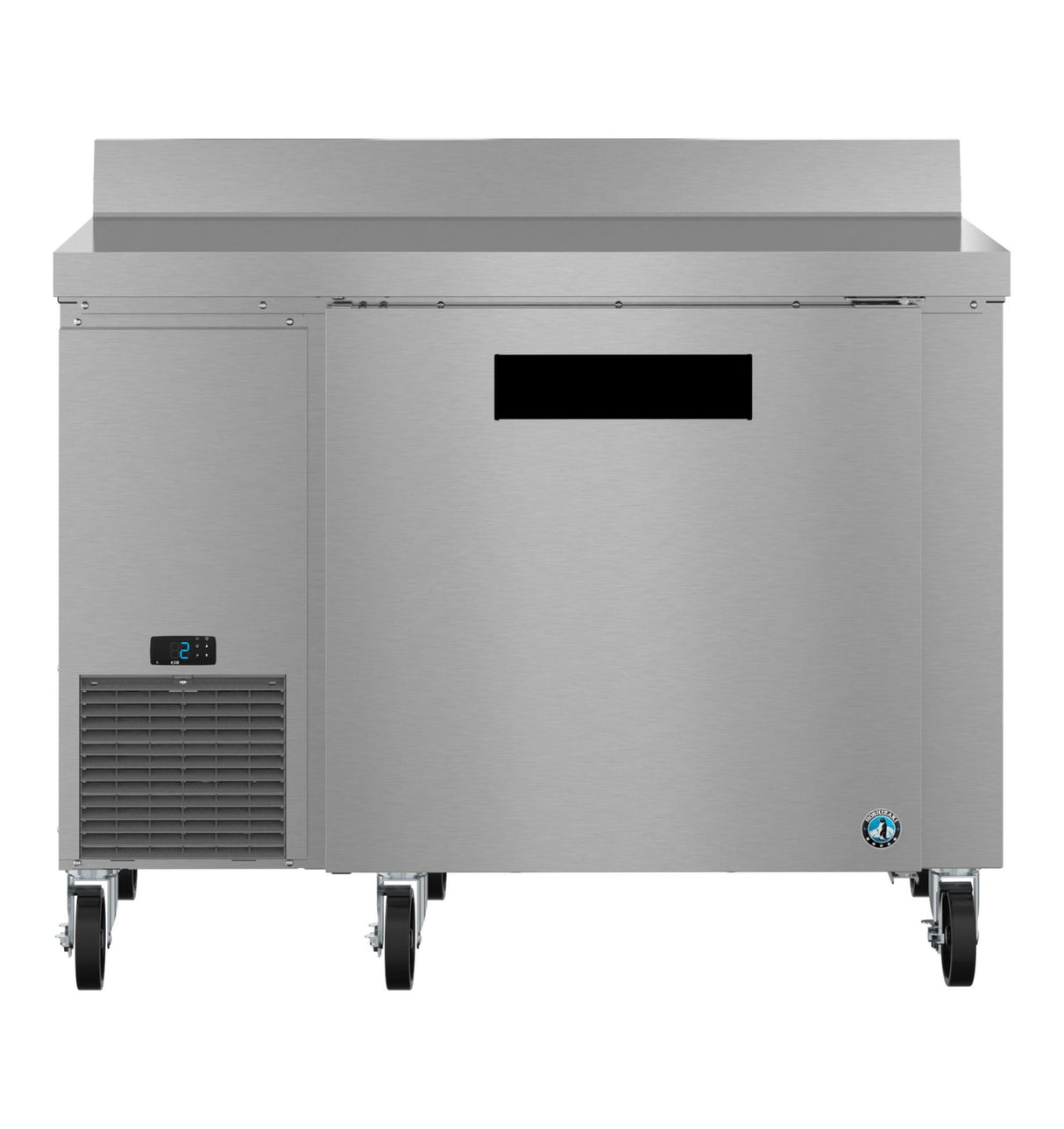 A stainless steel commercial worktop freezer with a digital temperature display, solid door, lower-left ventilation grill, heavy-duty wheels, and a smooth top surface with raised back edge. ENERGY STAR certified for efficient operation.