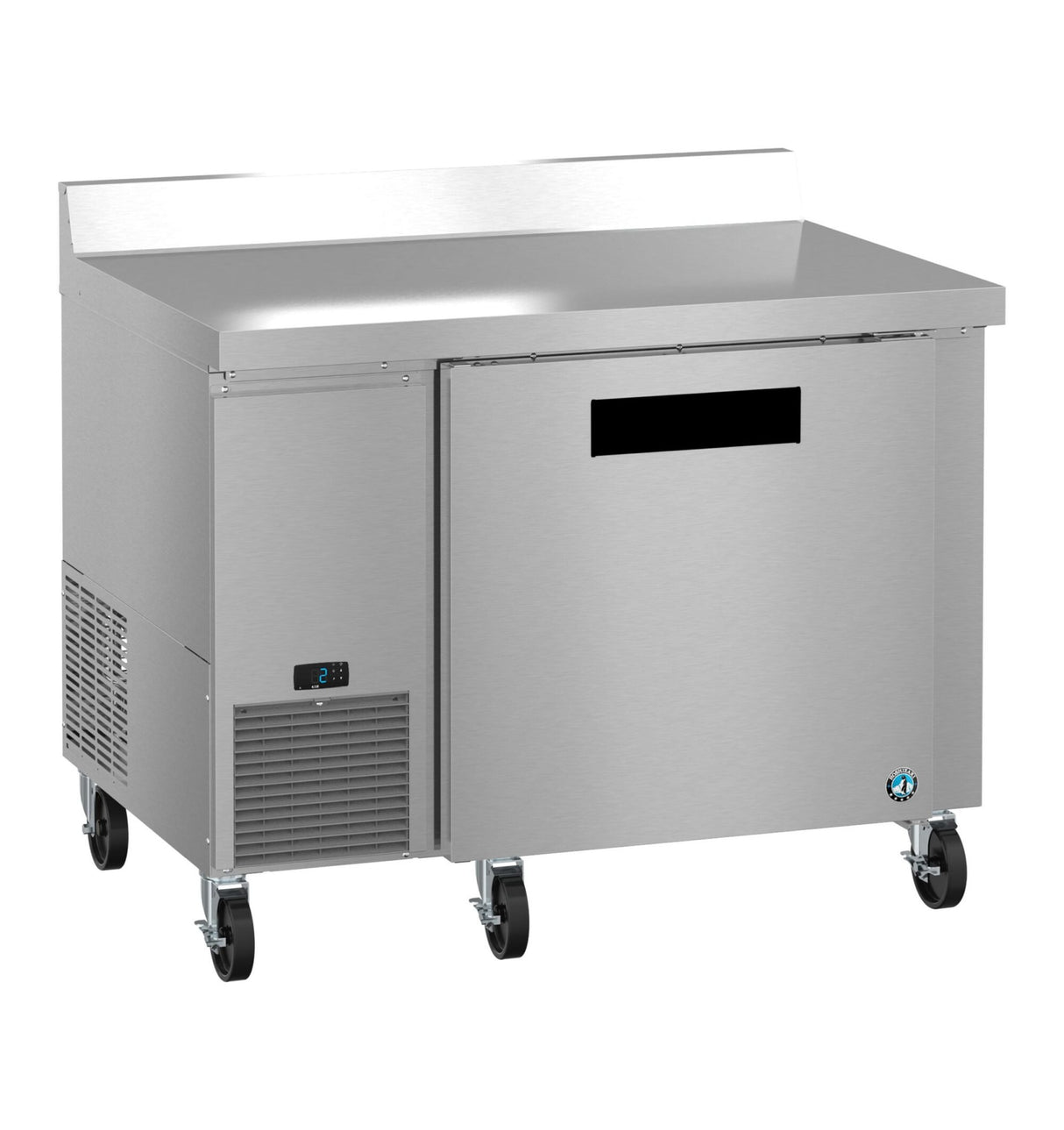 A stainless steel worktop freezer on four caster wheels with a single solid door, a digital control panel on the lower left, and a raised back edge. This ENERGY STAR unit boasts a sleek, modern look and is isolated on a white background.