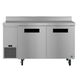 A Hoshizaki stainless steel refrigerator with two double doors, black rectangular handles, a digital temperature display on the bottom left, ventilation grille, and four caster wheels. The flat top doubles as a worktop freezer for professional kitchen use.