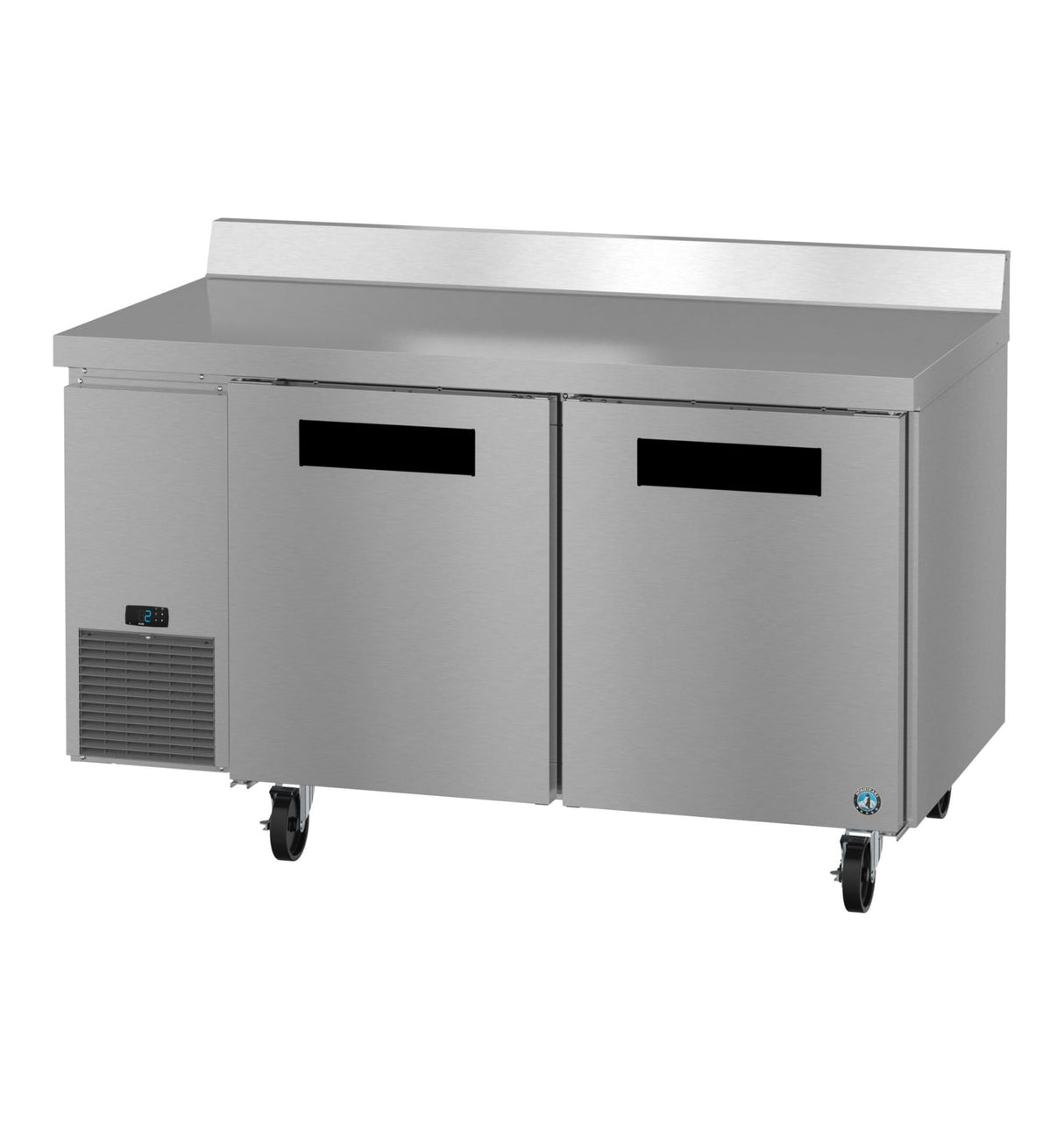 A commercial Hoshizaki stainless steel refrigerated prep table with a flat work surface, two black-handled doors, digital temperature display, left ventilation panel, and four caster wheels. The unit features a raised backsplash along the back edge.