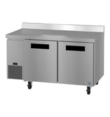 A commercial Hoshizaki stainless steel refrigerated prep table with a flat work surface, two black-handled doors, digital temperature display, left ventilation panel, and four caster wheels. The unit features a raised backsplash along the back edge.