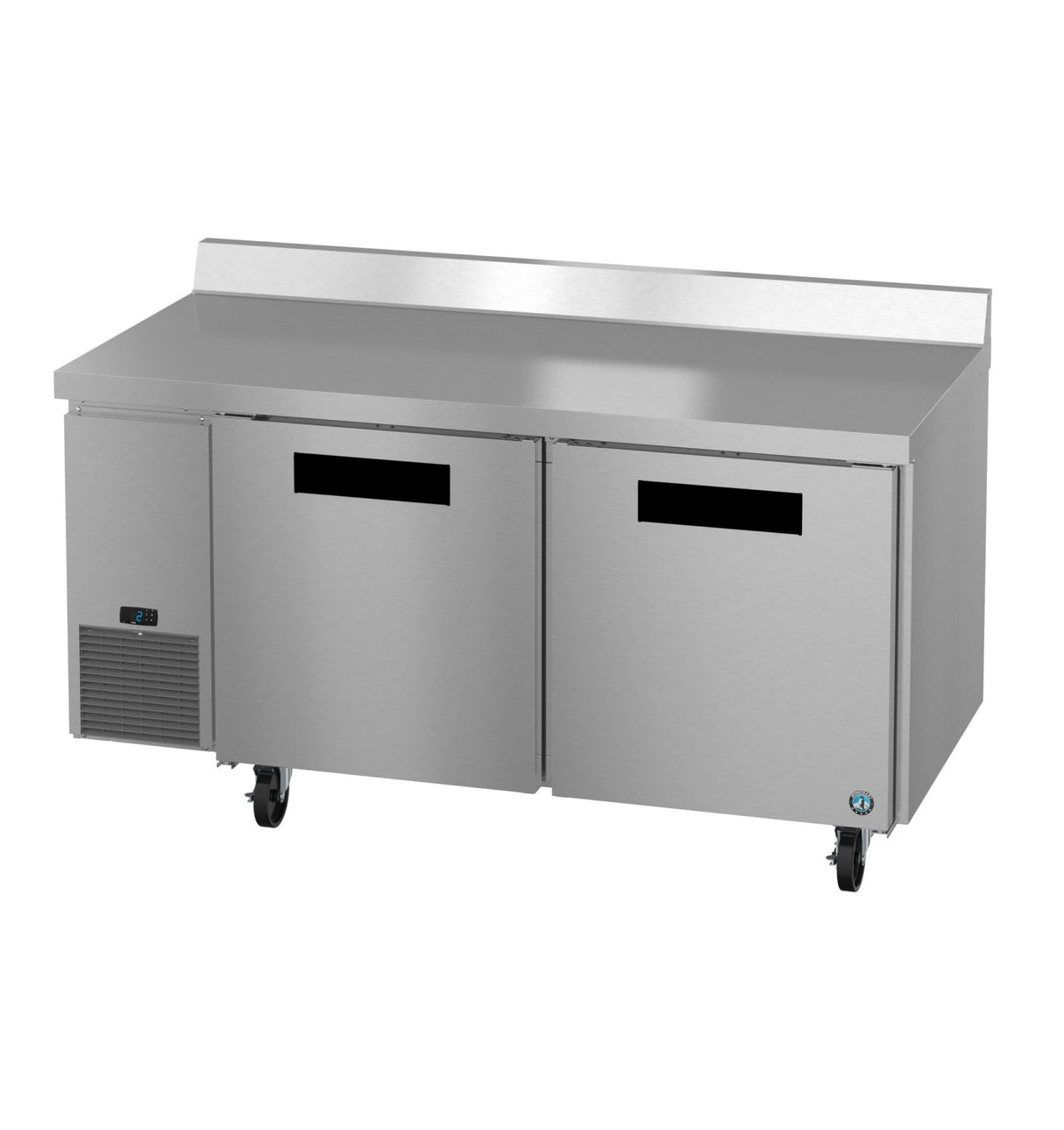 A stainless steel commercial worktop freezer with two doors, an ENERGY STAR rating, digital temperature display, black handles, flat prep surface, raised backsplash, and wheels for mobility, viewed from the front angle.