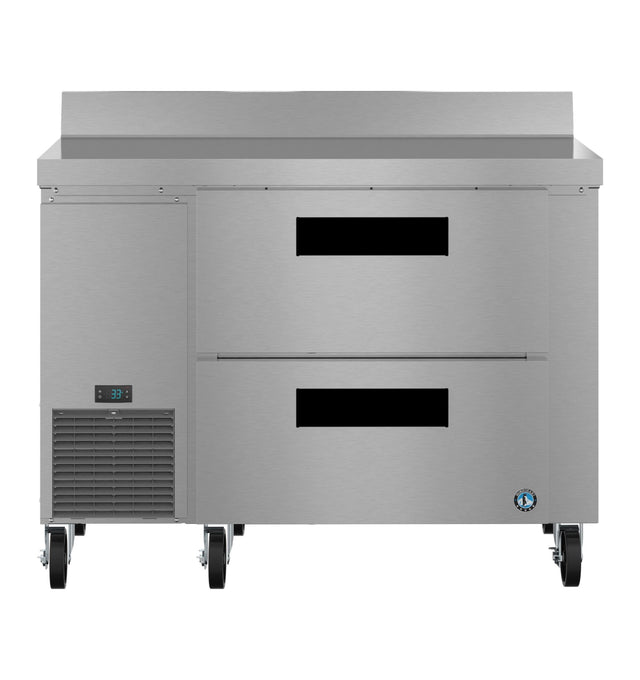 A Hoshizaki stainless steel worktop refrigerator with two black-handled drawers, digital temperature display, ventilation grilles, and four caster wheels. Sleek and reflective, it's designed for professional kitchen use.