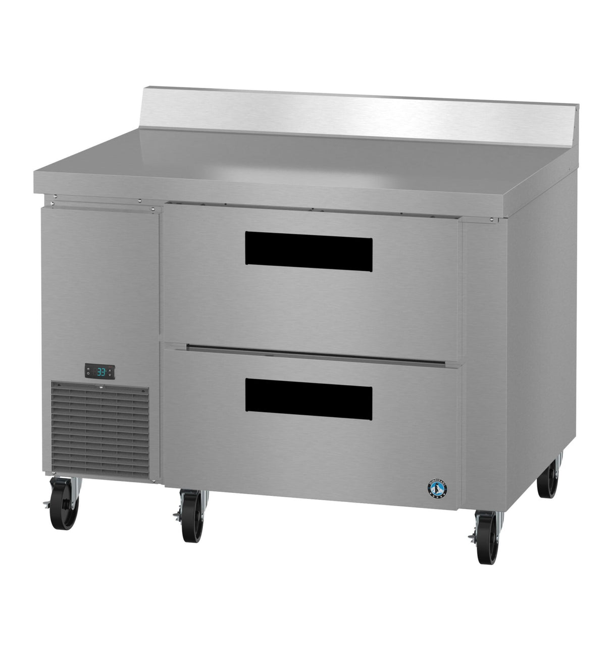 A Hoshizaki stainless steel worktop refrigerator features two drawers, a backsplash, vented cooling on the lower left, digital temperature display, smooth surface, casters for mobility, and a logo on the bottom right corner.