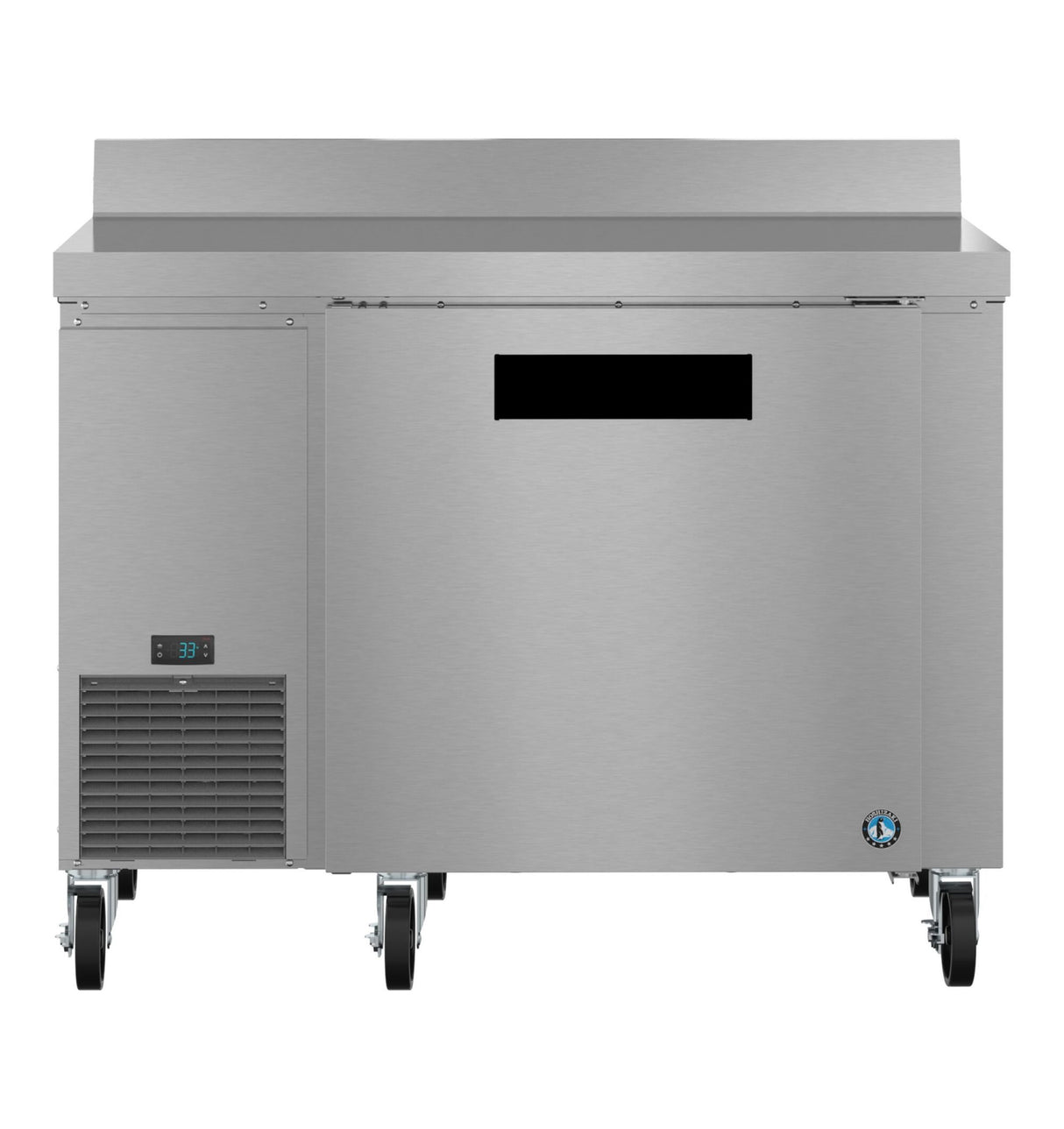 This ENERGY STAR worktop refrigerator features a sleek stainless steel design, digital temperature display, large door, flat top surface, and rear backsplash. Its mobility and industrial style make it ideal for commercial kitchens.