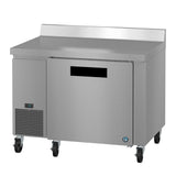 This stainless steel worktop refrigerator features a single front door, digital temperature display on the left, raised backsplash, and lower left vented cooling—ENERGY STAR certified for efficient commercial use.