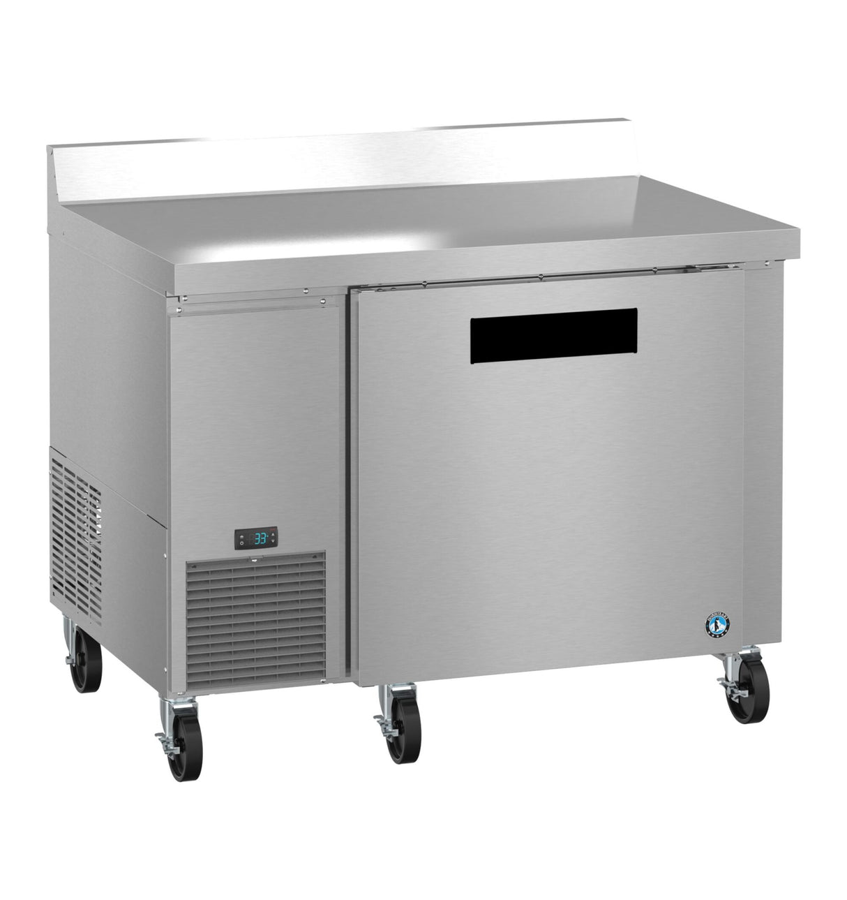 A stainless steel worktop refrigerator with one solid door, ENERGY STAR certification, a ventilation grill on the lower left, digital display, four caster wheels, and a raised backsplash—all set against a white background.