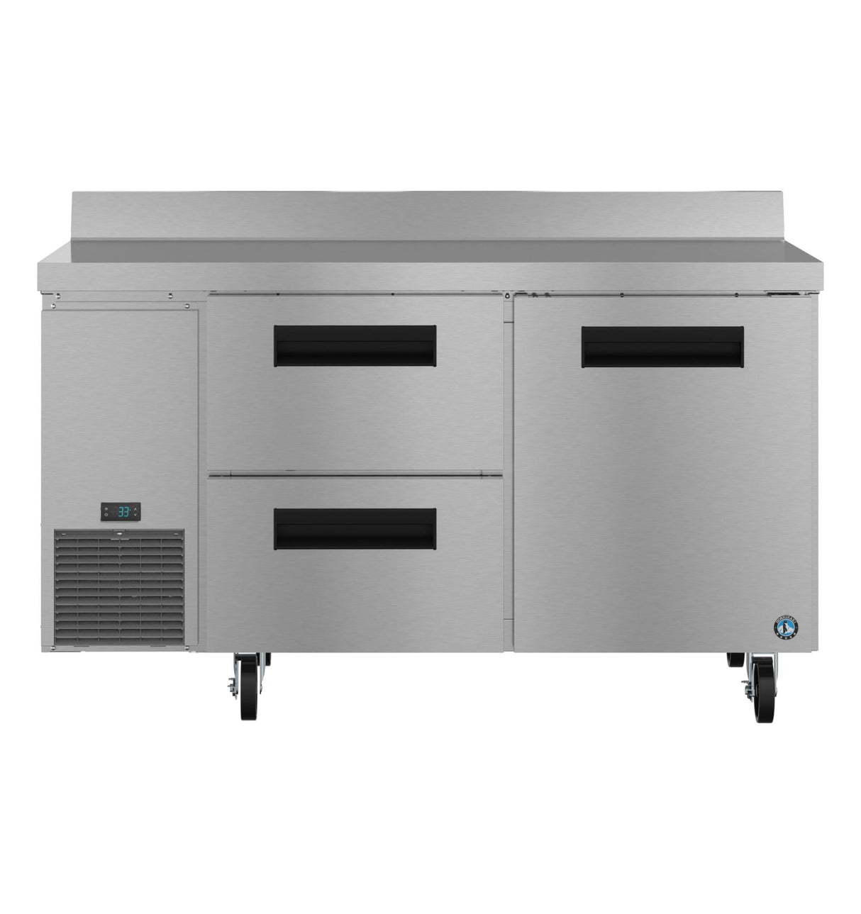 A Hoshizaki stainless steel worktop refrigerator featuring two pull-out drawers on the left, a single door on the right, a digital control panel above bottom-left ventilation, and four black caster wheels for easy mobility.
