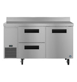 A Hoshizaki stainless steel worktop refrigerator featuring two pull-out drawers on the left, a single door on the right, a digital control panel above bottom-left ventilation, and four black caster wheels for easy mobility.