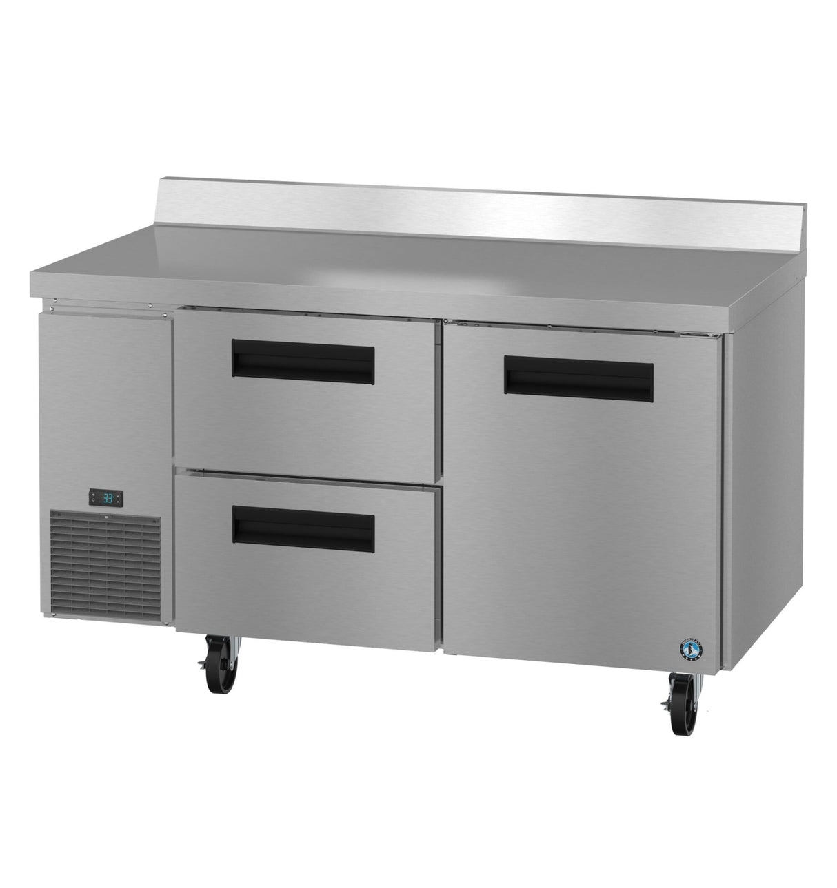 A large Hoshizaki stainless steel worktop refrigerator with two drawers on the right, a single door on the left, a ventilation panel and digital display at the bottom left, and four caster wheels for easy mobility.