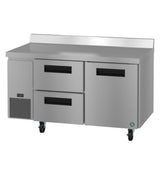 A large Hoshizaki stainless steel worktop refrigerator with two drawers on the right, a single door on the left, a ventilation panel and digital display at the bottom left, and four caster wheels for easy mobility.