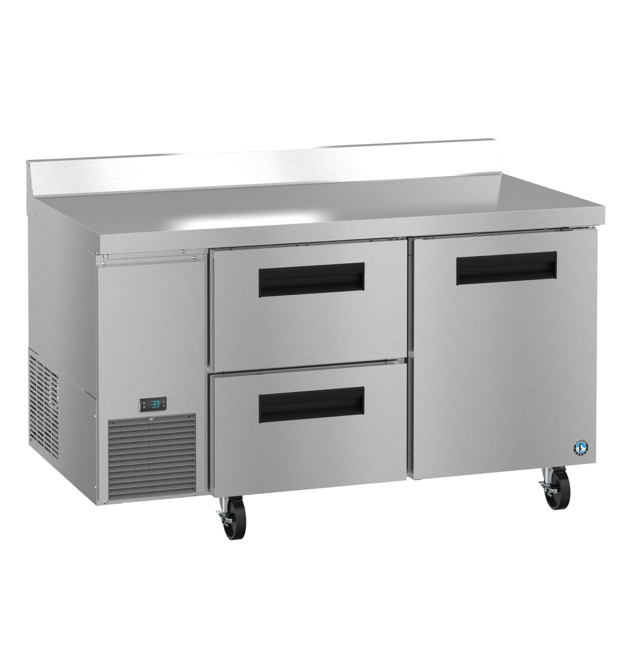 A Hoshizaki worktop refrigerator with two large stainless steel doors, two drawers, black handles, digital temperature display, left-side ventilation, four wheels for mobility, a flat countertop, and backsplash.