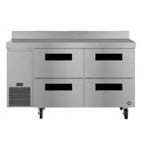 The Hoshizaki stainless steel worktop refrigerator features four pull-out drawers, a left-side ventilation panel, digital temperature display, rear protective backsplash, and convenient wheels for easy mobility.