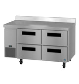 A Hoshizaki stainless steel worktop refrigerator with four pull-out drawers on wheels, a solid backsplash, and a digital temperature display near the vented section. This unit boasts a sleek, industrial design, ideal for any professional kitchen.