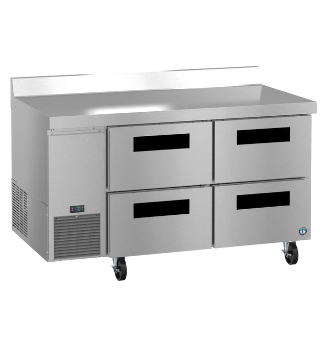 A Hoshizaki stainless steel worktop refrigerator with four rectangular drawers, a digital temperature display, ventilation grill on the lower left, backsplash, and four caster wheels. Its clean, reflective surface ensures a professional prep area.