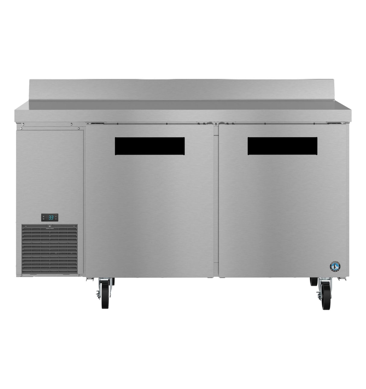 A commercial stainless steel worktop refrigerator with two doors, a flat top, ventilation on the bottom left, digital temperature display, and four caster wheels. Its smooth surface and Energy Star rating enhance its modern, industrial design.