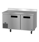 An Energy Star stainless steel worktop refrigerator with two doors, black handles, a digital control panel on the left, vented section below, rear backsplash, and four caster wheels for easy mobility.