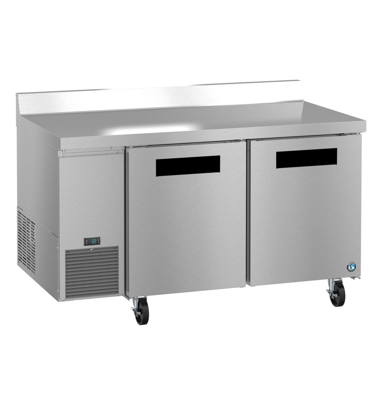 A commercial stainless steel worktop refrigerator with two doors, black handles, a digital control panel on the lower left, ventilation grates, a steel backsplash, and four caster wheels for mobility. The surface is clean and industrial.