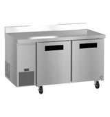 A commercial stainless steel worktop refrigerator with two doors, black handles, a digital control panel on the lower left, ventilation grates, a steel backsplash, and four caster wheels for mobility. The surface is clean and industrial.