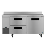 A two-section stainless steel worktop refrigerator featuring two pull-out drawers on the left, a single door on the right, a digital control panel, four wheels for easy mobility, and a raised back edge for a sleek, industrial look.