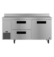 A two-section stainless steel worktop refrigerator featuring two pull-out drawers on the left, a single door on the right, a digital control panel, four wheels for easy mobility, and a raised back edge for a sleek, industrial look.