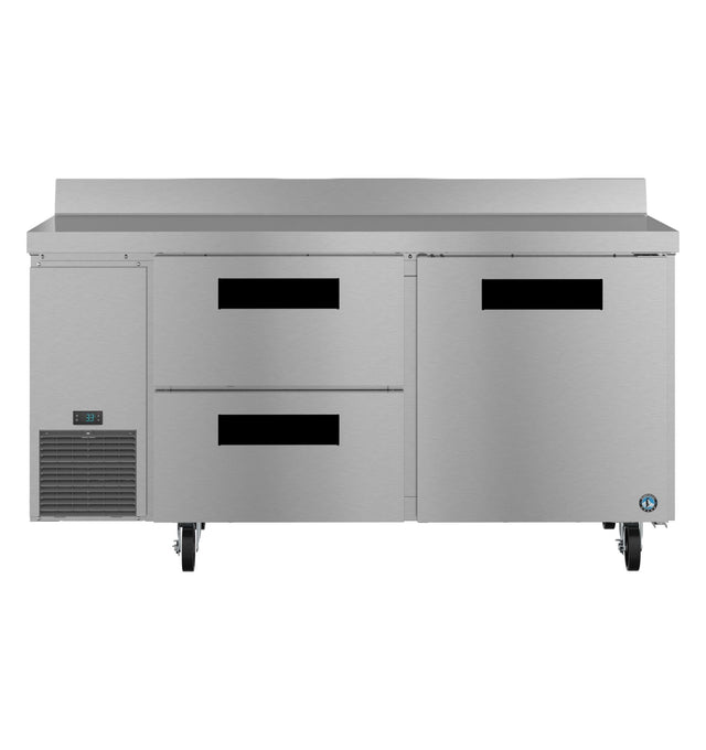 A two-section stainless steel worktop refrigerator featuring two pull-out drawers on the left, a single door on the right, a digital control panel, four wheels for easy mobility, and a raised back edge for a sleek, industrial look.