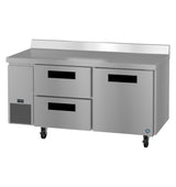 A stainless steel two-section worktop refrigerator with four black-handled doors and drawers, a flat worktop, vent panel on the left, small digital control display, and caster wheels for mobility—ideal for any professional kitchen.
