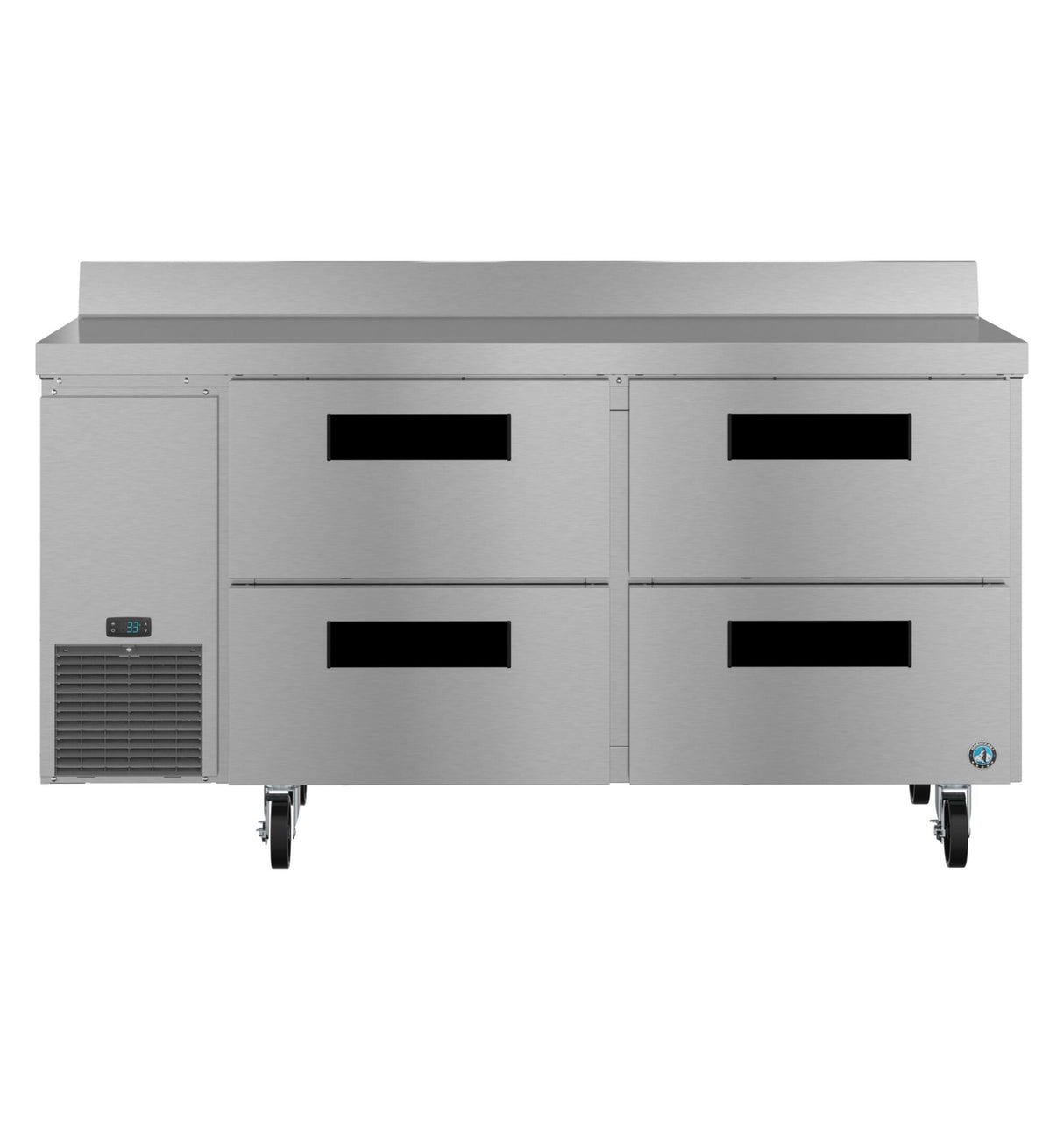 A large two-section stainless steel worktop refrigerator with four drawers, black handles, a digital temperature display, ventilation grilles on the lower left, and four caster wheels for easy mobility. The flat top surface is ideal for food prep.