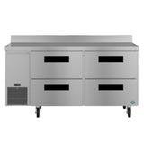 A large two-section stainless steel worktop refrigerator with four drawers, black handles, a digital temperature display, ventilation grilles on the lower left, and four caster wheels for easy mobility. The flat top surface is ideal for food prep.