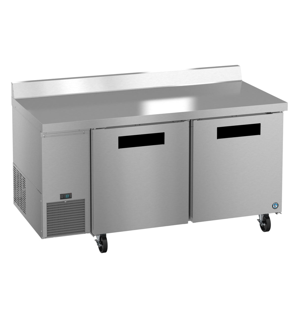 A stainless steel worktop refrigerator with two front doors, black handles, ENERGY STAR rating, digital display, side ventilation, and four caster wheels. The raised back edge countertop is designed for professional kitchen use.