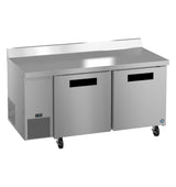 A stainless steel worktop refrigerator with two front doors, black handles, ENERGY STAR rating, digital display, side ventilation, and four caster wheels. The raised back edge countertop is designed for professional kitchen use.
