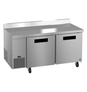 A stainless steel worktop refrigerator with two front doors, black handles, ENERGY STAR rating, digital display, side ventilation, and four caster wheels. The raised back edge countertop is designed for professional kitchen use.