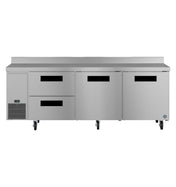 A large Hoshizaki Steelheart worktop refrigerator with two pull-out drawers on the left, two swing doors on the right, a vented panel at the bottom left, and four caster wheels—all in stainless steel against a plain white background.