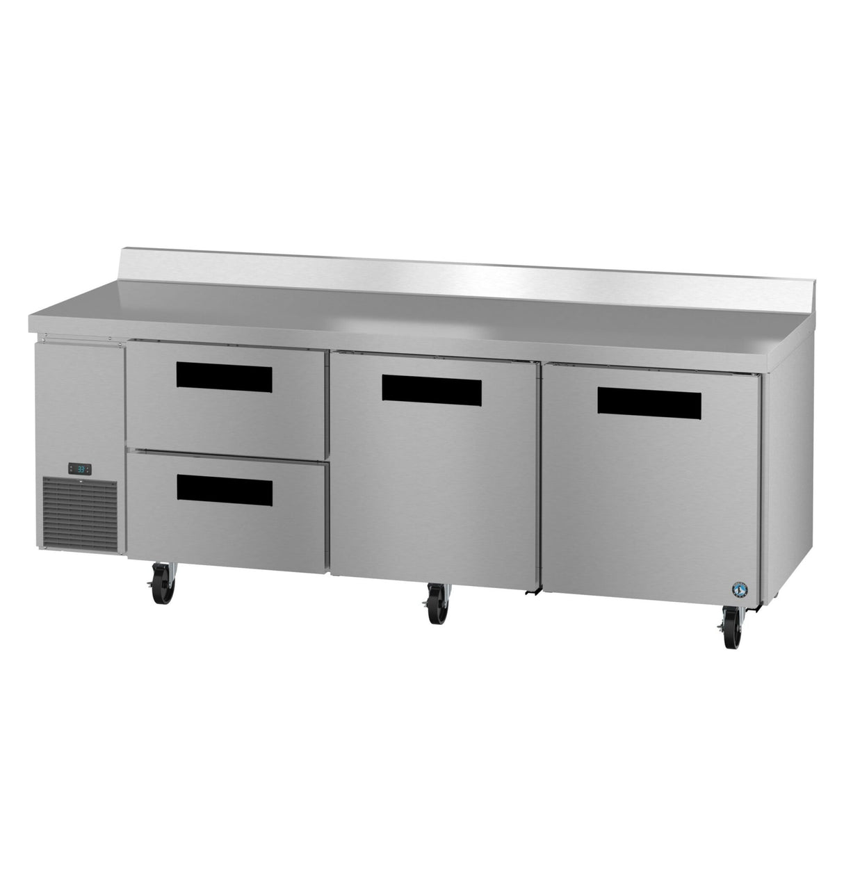A large Hoshizaki Steelheart stainless steel undercounter worktop refrigerator with two drawers on the left and two solid doors on the right, all with black recessed handles. The unit is on wheels and features a flat backsplash along the top rear edge.