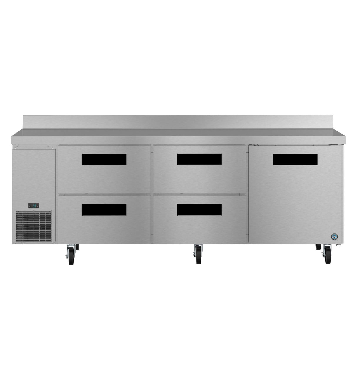 A three-section stainless steel worktop refrigerator with six black-handled compartments, four center drawers, and two doors on each side sits on caster wheels. The unit features a vent on the bottom left, a flat top, and a raised rear edge.