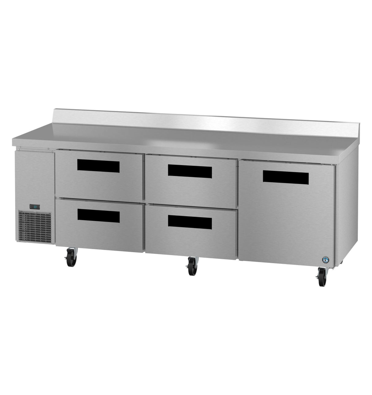 A commercial stainless steel three-section worktop refrigerator prep table with six drawers, set on four wheels. The left side features a cooling unit vent, and the raised backsplash at the back keeps the flat surface clean for food preparation.