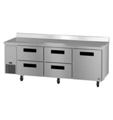 A commercial stainless steel three-section worktop refrigerator prep table with six drawers, set on four wheels. The left side features a cooling unit vent, and the raised backsplash at the back keeps the flat surface clean for food preparation.