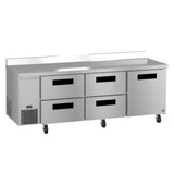 A large stainless steel three-section worktop refrigerator with four drawers and two doors. The unit is on wheels, features a vented section on the left for cooling, a raised back edge, and a flat, smooth surface ideal for food preparation.