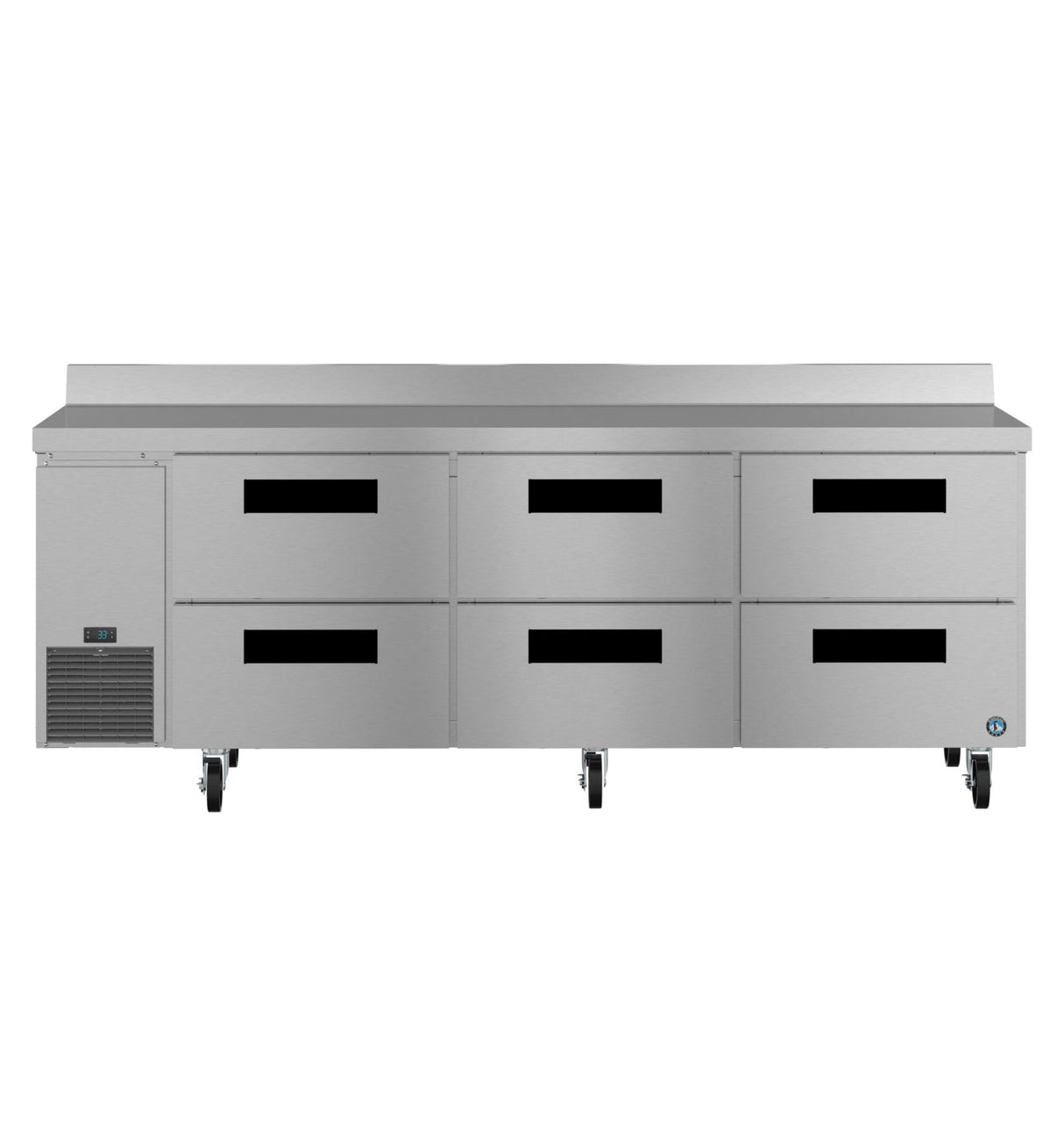A Hoshizaki stainless steel worktop refrigerator features six black-handled drawers, a left-side ventilation grille, and wheels for mobility. The unit has a raised rear edge and a smooth, flat work surface, shown against a white background.