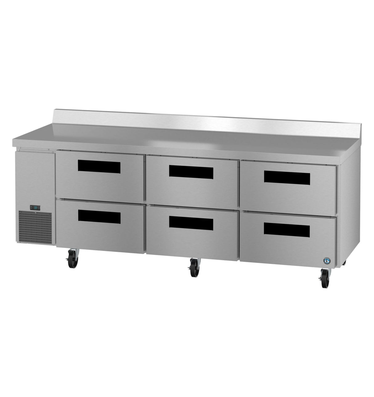 A large Hoshizaki stainless steel worktop refrigerator with six pull-out drawers, black handles, a smooth countertop, raised back edge, and caster wheels. A small vent panel is located on the left side of the unit’s front.