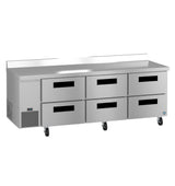 A Hoshizaki stainless steel worktop refrigerator with six pull-out drawers, black handles, and four caster wheels. It features a vented cooling section on the left and a raised backsplash along the back edge.