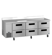 A Hoshizaki stainless steel worktop refrigerator with six pull-out drawers, black handles, and four caster wheels. It features a vented cooling section on the left and a raised backsplash along the back edge.