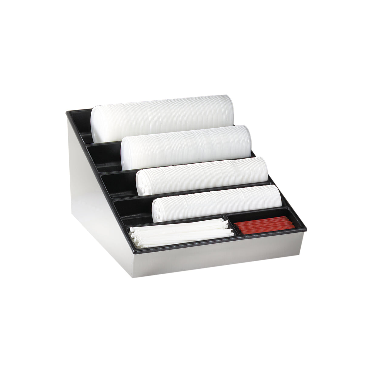 A sleek black and metallic lid organizer holds stacked white plastic lids in four angled rows, alongside red and white stirrers in two front compartments. This stylish countertop condiment organizer is perfect for dispensing coffee accessories. The background is plain white.