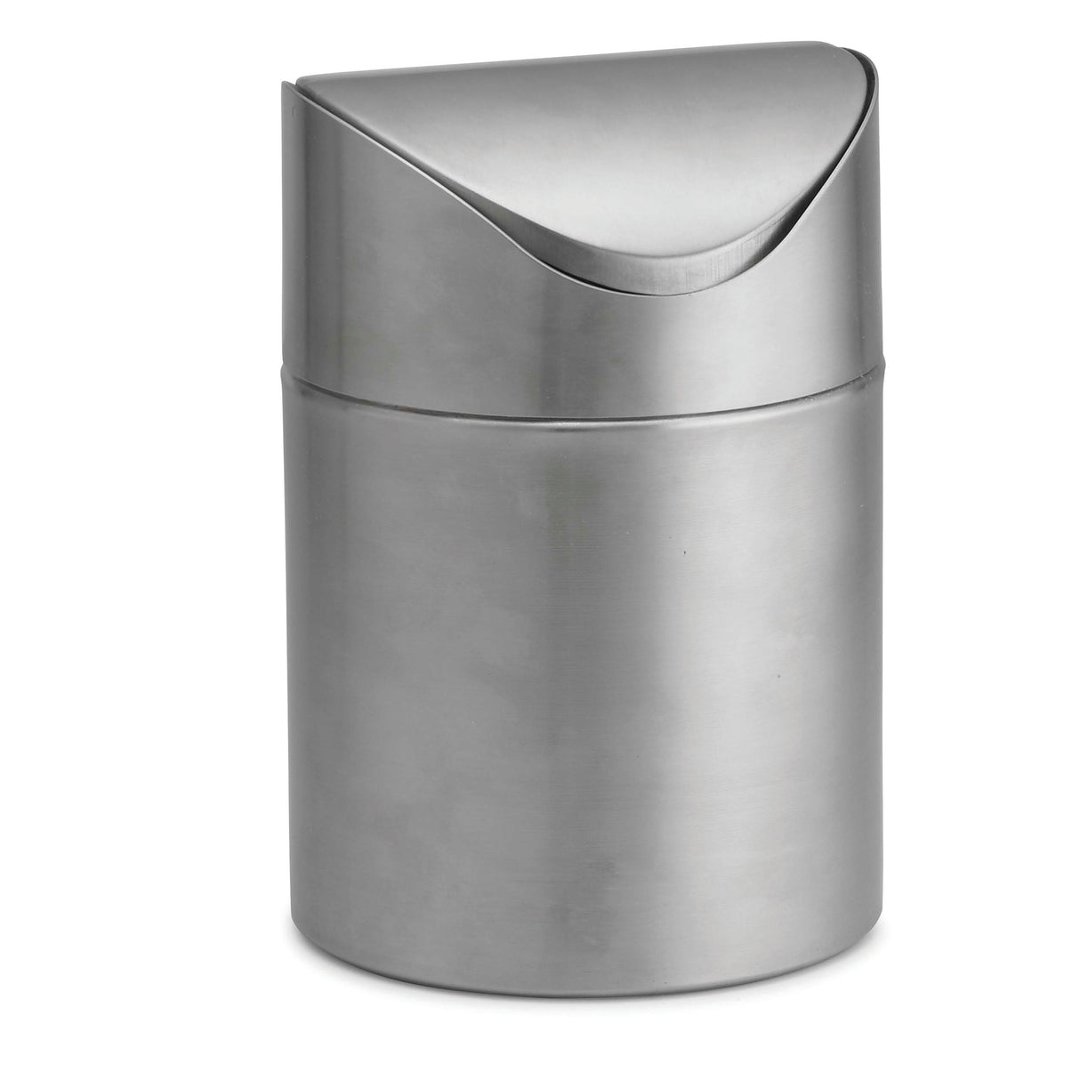 A sleek, modern Mini Waste Basket with a brushed stainless steel finish and swing-top lid. Perfect for desks or countertop use, it provides a stylish way to dispose of small items like paper or wrappers.