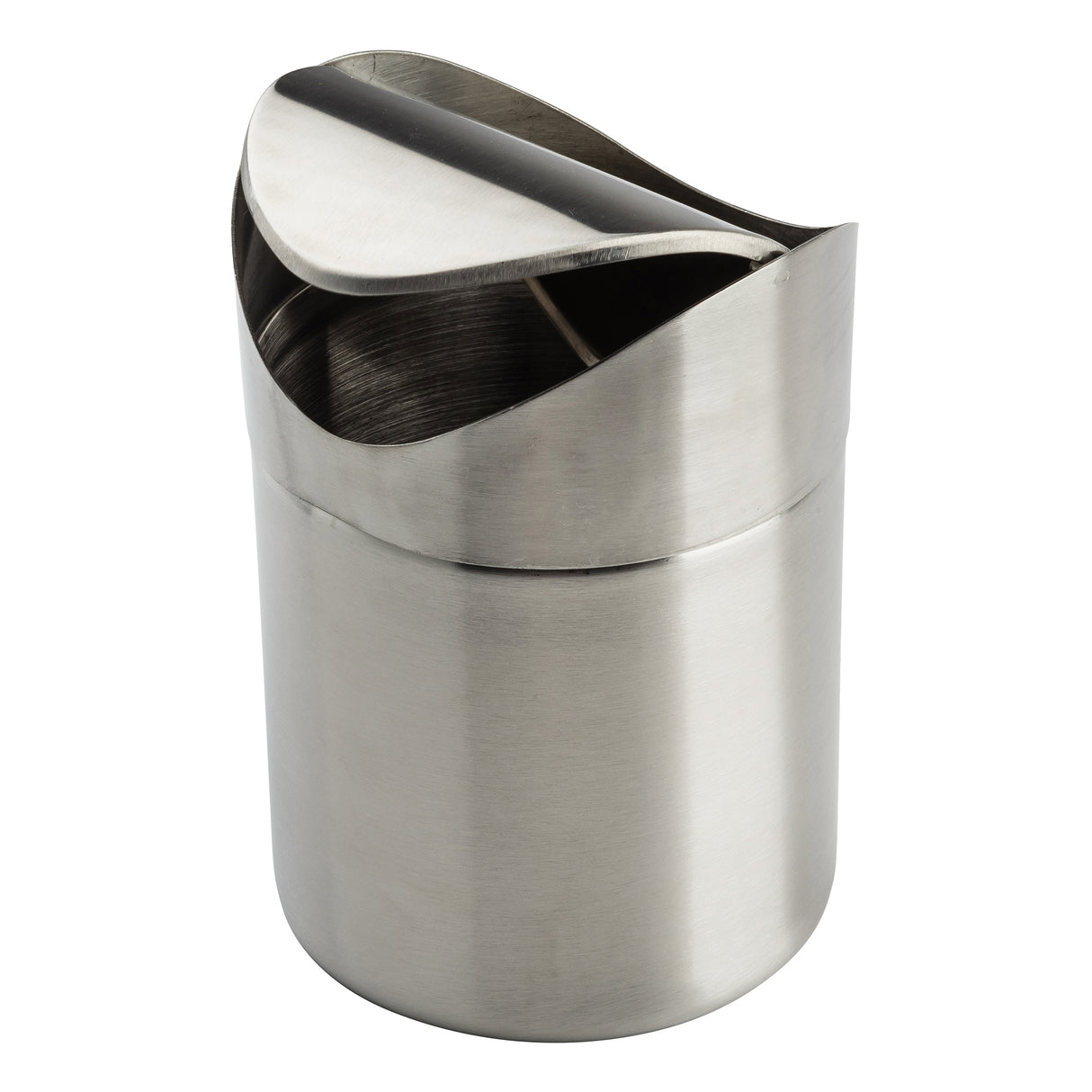 A small, cylindrical stainless steel Mini Waste Basket with a swing-top lid. Perfect for countertops, its lid is slightly open, highlighting the shiny, brushed metal surface and curved design for easy waste disposal against a plain white background.