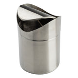 A small, cylindrical stainless steel Mini Waste Basket with a swing-top lid. Perfect for countertops, its lid is slightly open, highlighting the shiny, brushed metal surface and curved design for easy waste disposal against a plain white background.