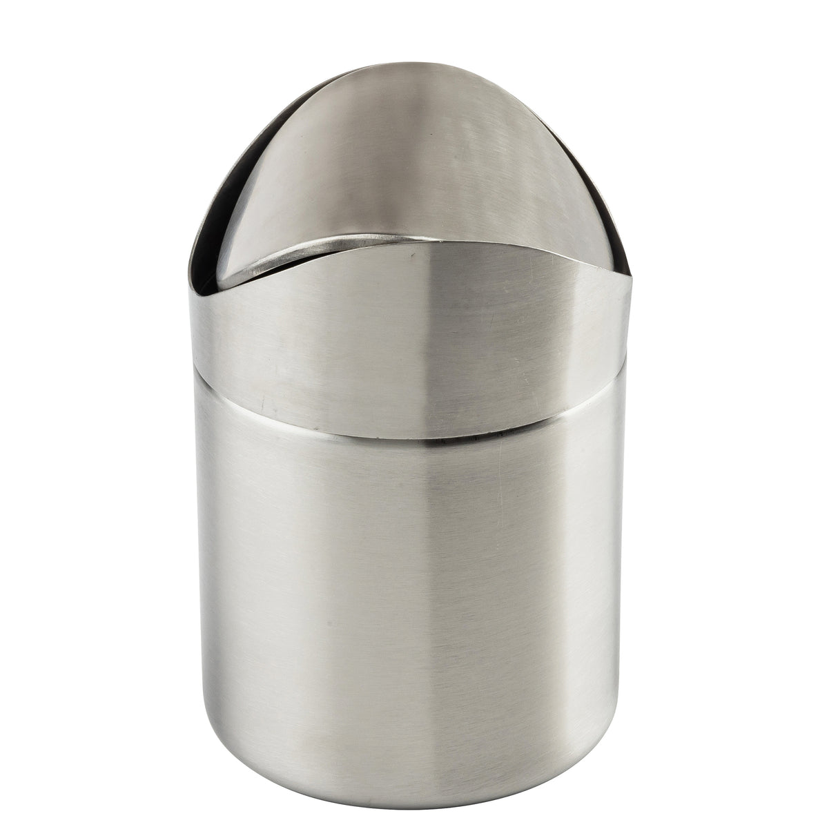 This compact Mini Waste Basket features a cylindrical stainless steel body with a dome-shaped swing lid. Its brushed finish and modern design make it perfect for desks or countertop use, offering easy waste disposal in any space.