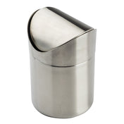 A small, cylindrical Mini Waste Basket crafted from stainless steel features a shiny, brushed finish and a semi-circular swing-top lid for easy disposal. Perfect for countertop use, its modern, minimalist design stands out against the plain white background.