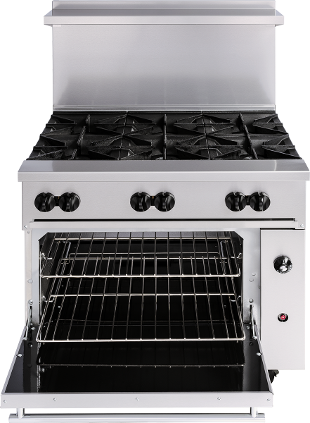 A stainless steel commercial gas range designed for restaurant use, featuring six black burner grates on top. The oven door is open to reveal two wire racks inside a convection oven. Control knobs and an ignition button are on the front panel.